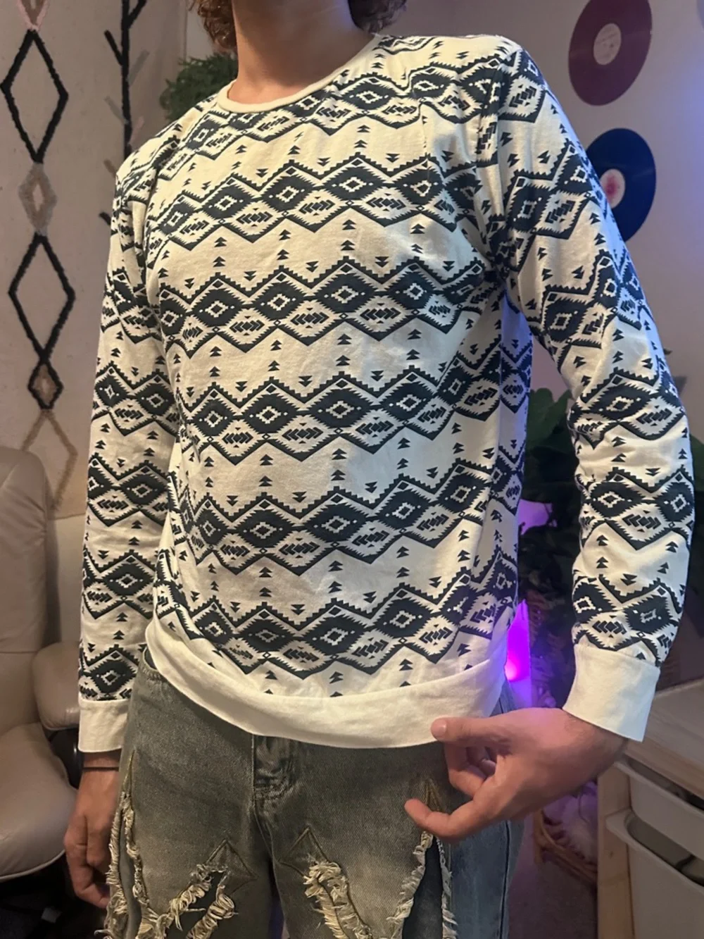 21men Cream and Dark Blue Aztec Crewneck Sweater - Picture 2 of 13